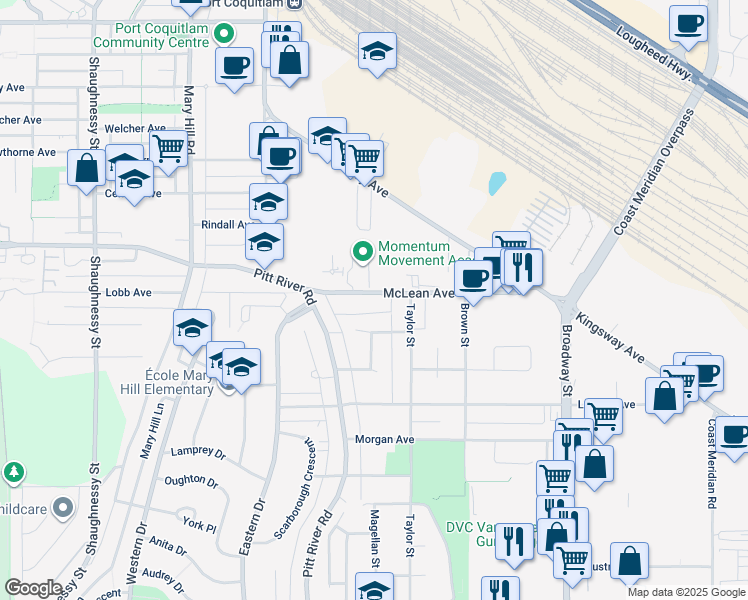 map of restaurants, bars, coffee shops, grocery stores, and more near 1934 McLean Avenue in Port Coquitlam