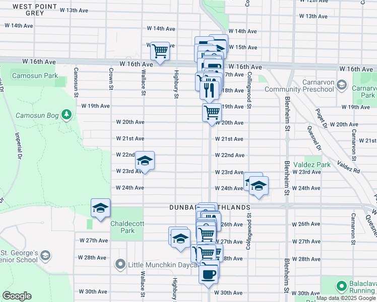 map of restaurants, bars, coffee shops, grocery stores, and more near 3727 West 22nd Avenue in Vancouver