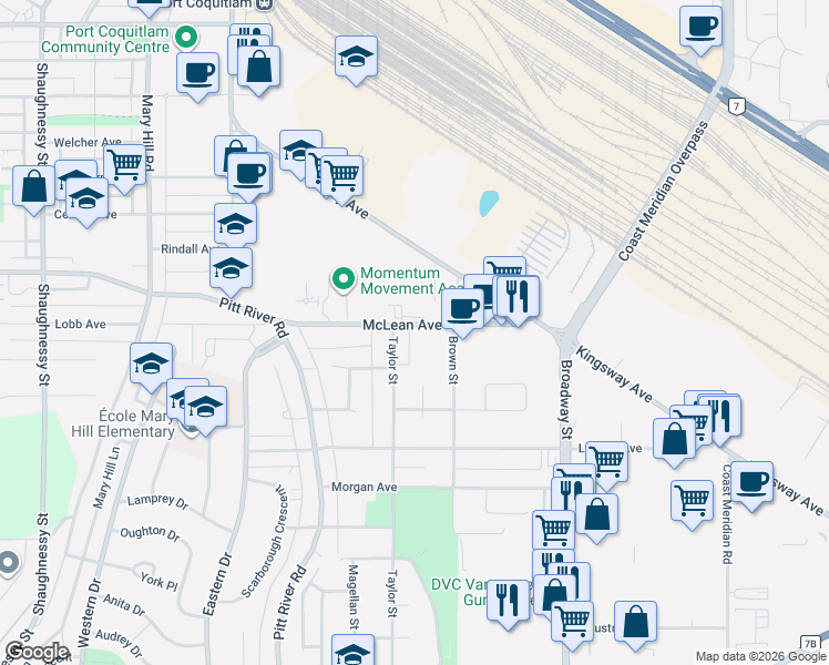 map of restaurants, bars, coffee shops, grocery stores, and more near 1870 McLean Avenue in Port Coquitlam