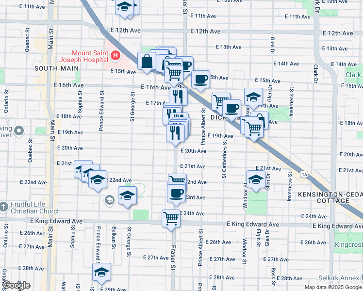 map of restaurants, bars, coffee shops, grocery stores, and more near in Vancouver
