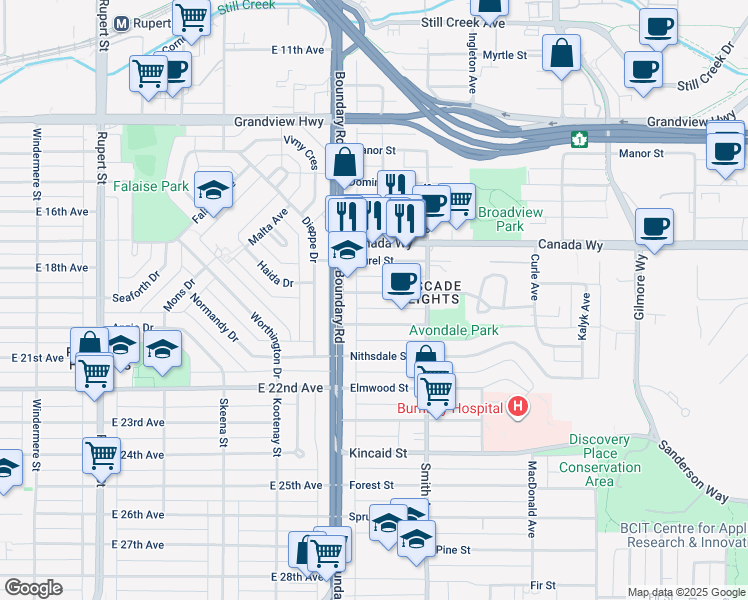 map of restaurants, bars, coffee shops, grocery stores, and more near 3734 Linwood Street in Burnaby