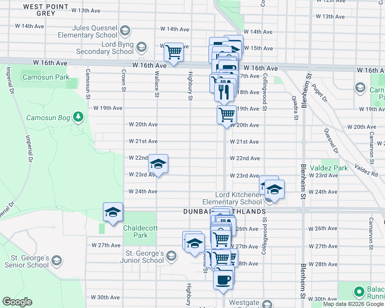 map of restaurants, bars, coffee shops, grocery stores, and more near 3793 West 22nd Avenue in Vancouver