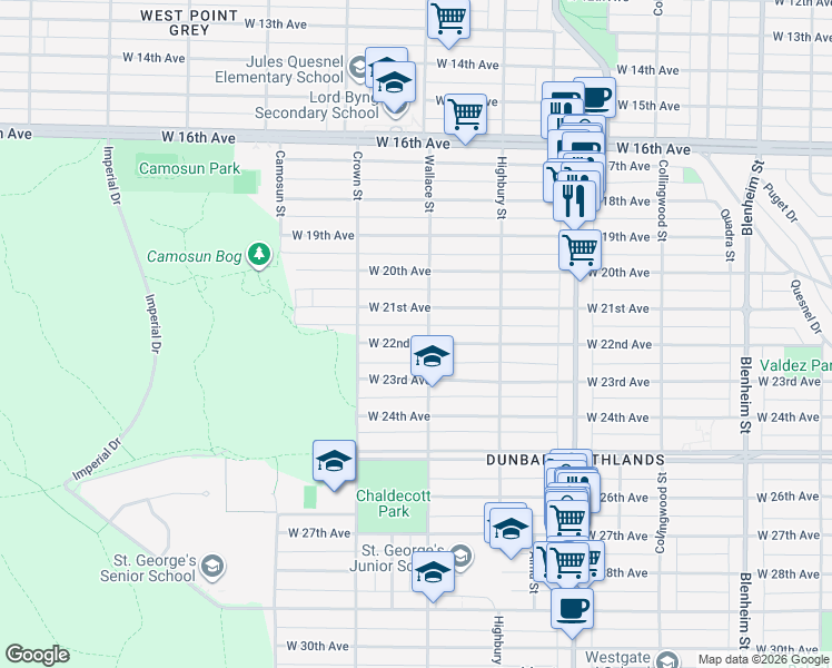 map of restaurants, bars, coffee shops, grocery stores, and more near 3913 West 22nd Avenue in Vancouver