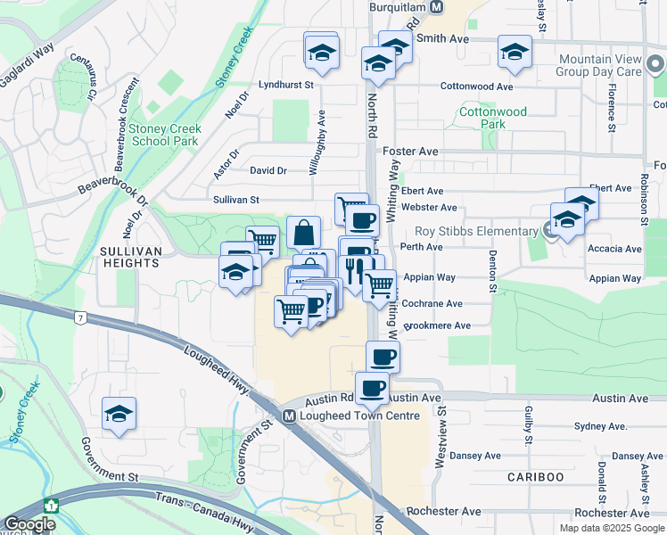 map of restaurants, bars, coffee shops, grocery stores, and more near 9868 Cameron Street in Burnaby