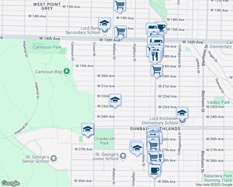 map of restaurants, bars, coffee shops, grocery stores, and more near 3893 West 22nd Avenue in Vancouver