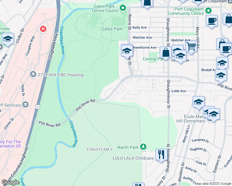 map of restaurants, bars, coffee shops, grocery stores, and more near 2560 Pitt River Road in Port Coquitlam