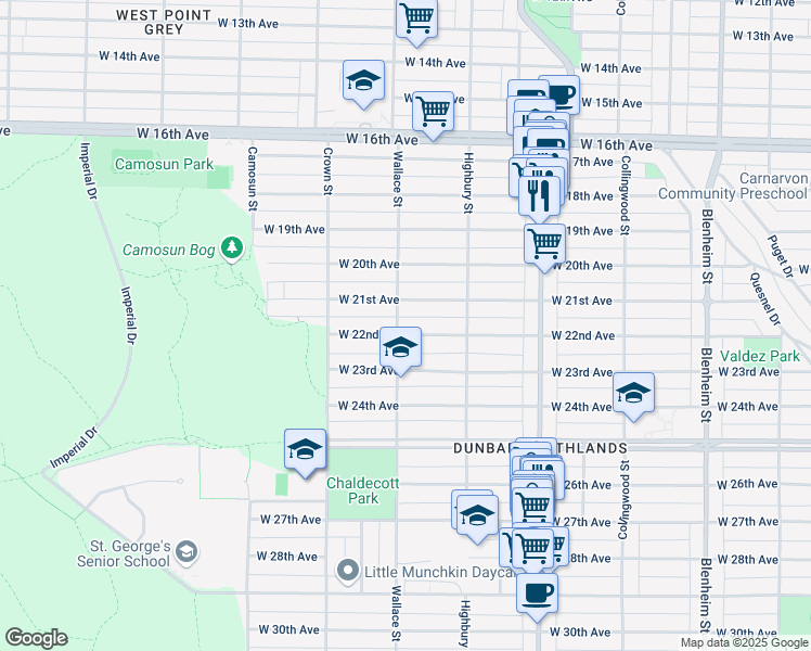 map of restaurants, bars, coffee shops, grocery stores, and more near 3893 West 22nd Avenue in Vancouver