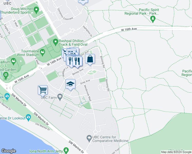 map of restaurants, bars, coffee shops, grocery stores, and more near 5687 Gray Avenue in University Endowment Lands