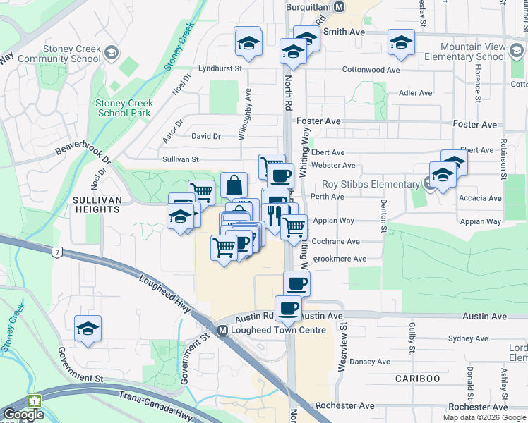 map of restaurants, bars, coffee shops, grocery stores, and more near 9868 Cameron Street in Burnaby