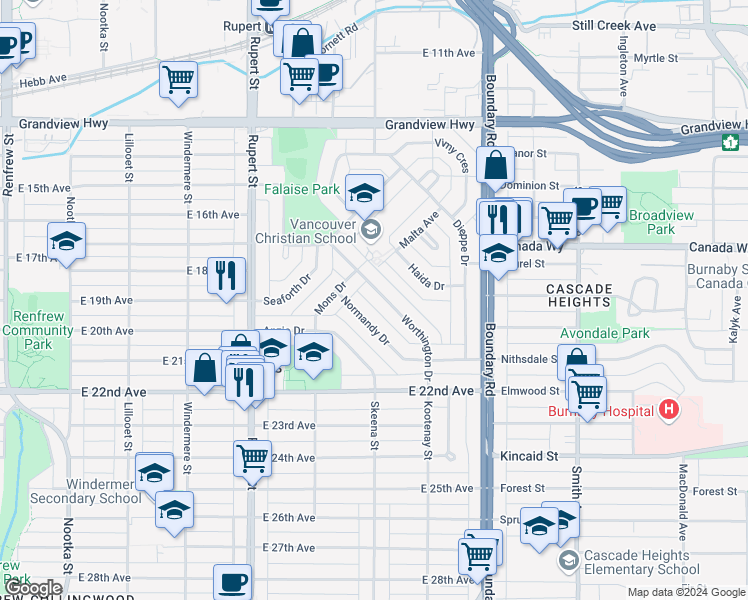 map of restaurants, bars, coffee shops, grocery stores, and more near 3438 Worthington Drive in Vancouver