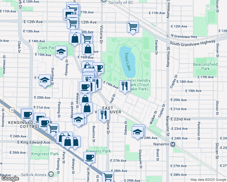 map of restaurants, bars, coffee shops, grocery stores, and more near 3525 Hull Street in Vancouver