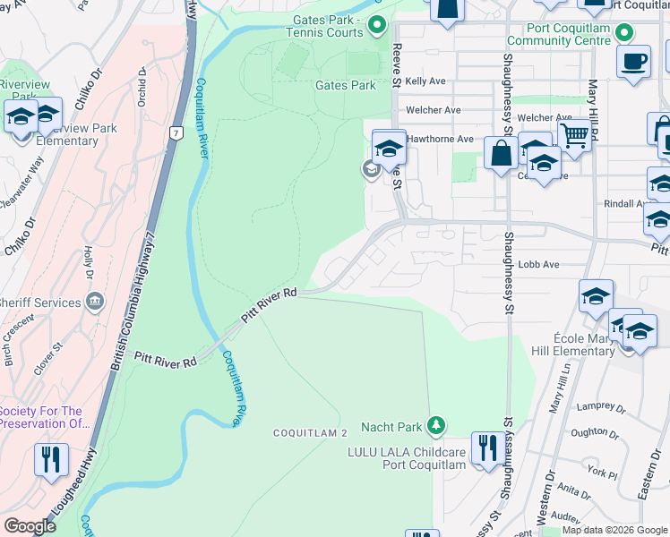 map of restaurants, bars, coffee shops, grocery stores, and more near 2558 Parkview Lane in Port Coquitlam