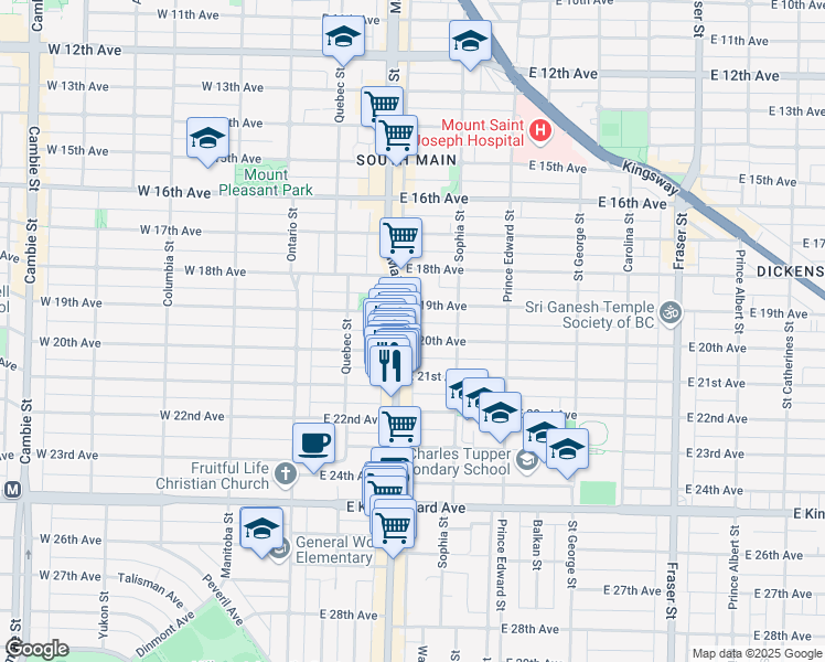 map of restaurants, bars, coffee shops, grocery stores, and more near 3699 Main Street in Vancouver