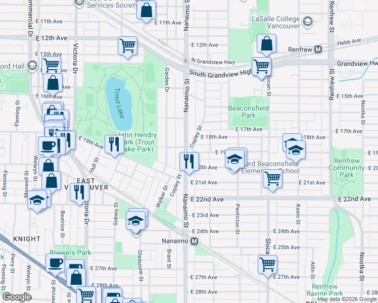 map of restaurants, bars, coffee shops, grocery stores, and more near 3390 Nanaimo Street in Vancouver