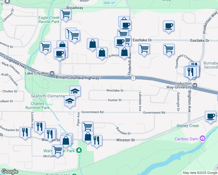 map of restaurants, bars, coffee shops, grocery stores, and more near 3381 Lealand Court in Burnaby