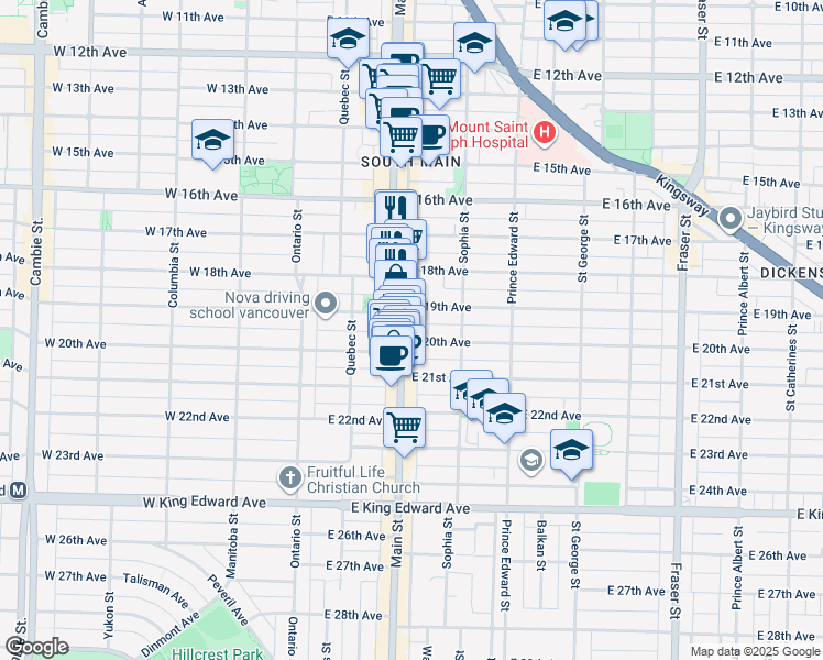 map of restaurants, bars, coffee shops, grocery stores, and more near 209 East 20th Avenue in Vancouver