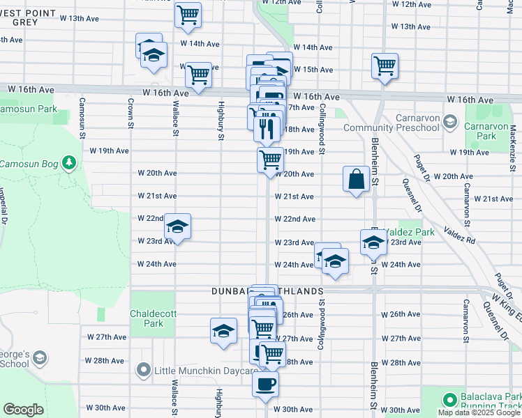 map of restaurants, bars, coffee shops, grocery stores, and more near 3755 Dunbar Street in Vancouver
