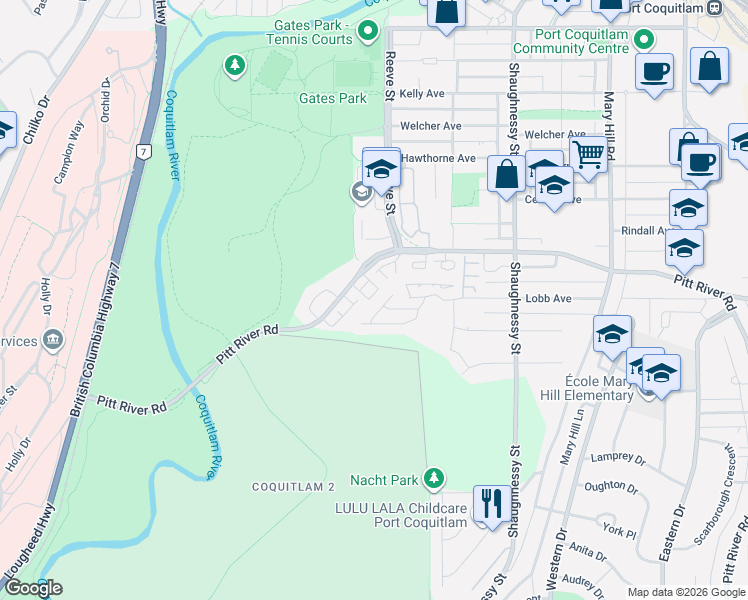 map of restaurants, bars, coffee shops, grocery stores, and more near 2538 Pitt River Road in Port Coquitlam