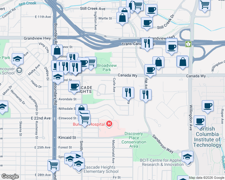 map of restaurants, bars, coffee shops, grocery stores, and more near 3399 Curle Avenue in Burnaby