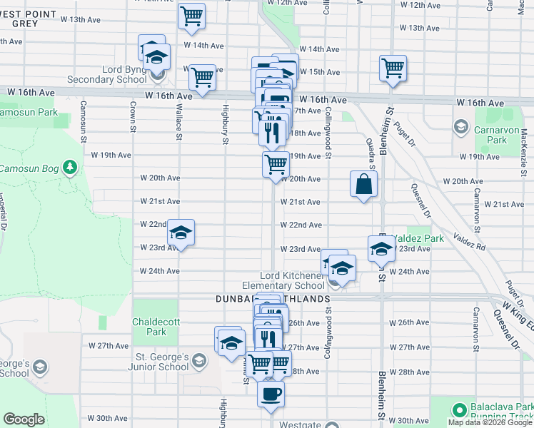 map of restaurants, bars, coffee shops, grocery stores, and more near 3755 Dunbar Street in Vancouver