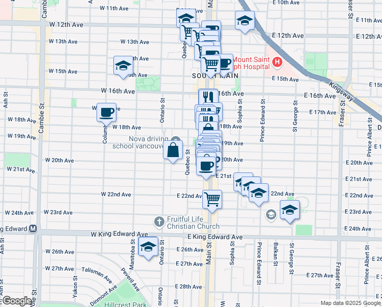 map of restaurants, bars, coffee shops, grocery stores, and more near 3544 Quebec Street in Vancouver