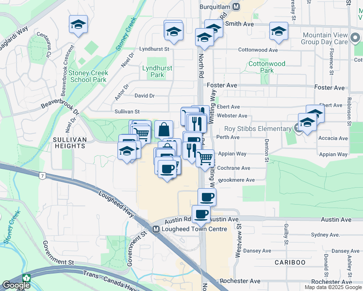 map of restaurants, bars, coffee shops, grocery stores, and more near 9887 Cameron Street in Burnaby