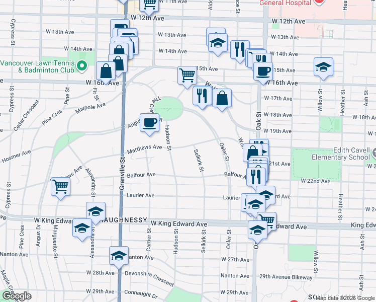 map of restaurants, bars, coffee shops, grocery stores, and more near 1230 Matthews Avenue in Vancouver