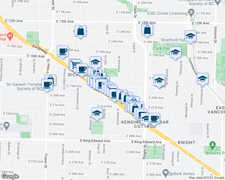 map of restaurants, bars, coffee shops, grocery stores, and more near 1140 East 19th Avenue in Vancouver