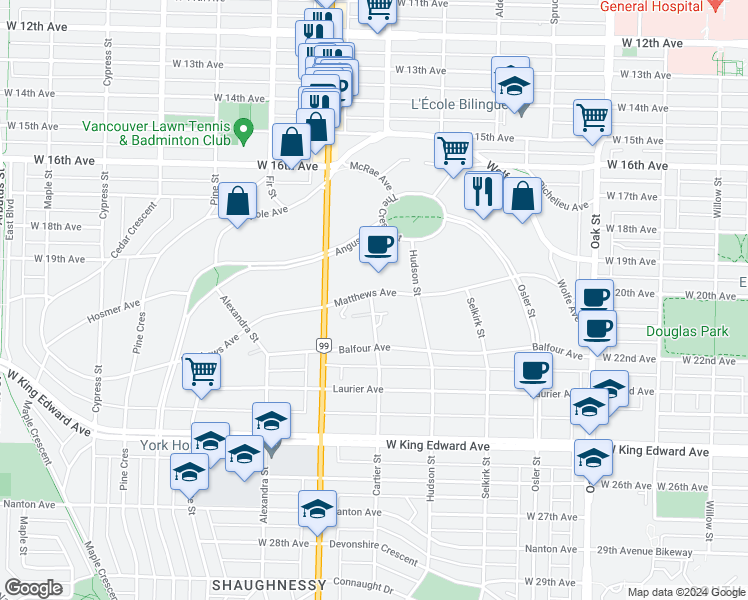 map of restaurants, bars, coffee shops, grocery stores, and more near 3638 Cartier Street in Vancouver