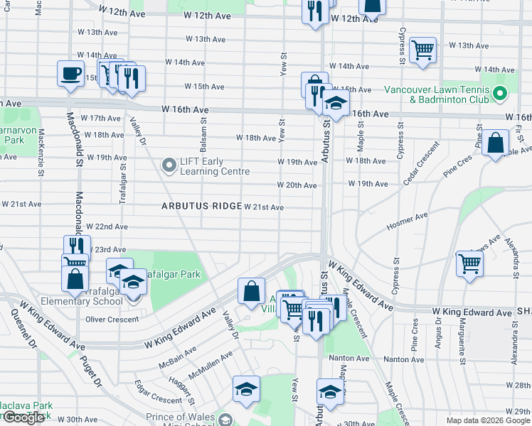 map of restaurants, bars, coffee shops, grocery stores, and more near 2230 West 21st Avenue in Vancouver