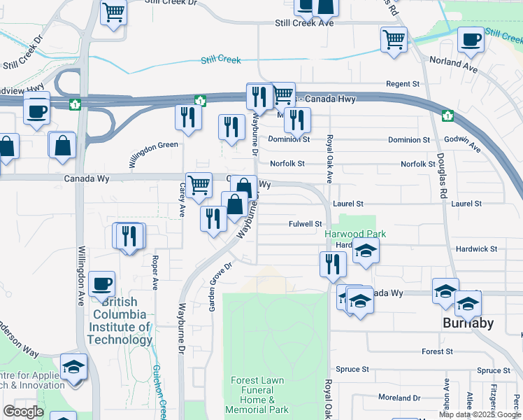 map of restaurants, bars, coffee shops, grocery stores, and more near 4910 Laurel Street in Burnaby