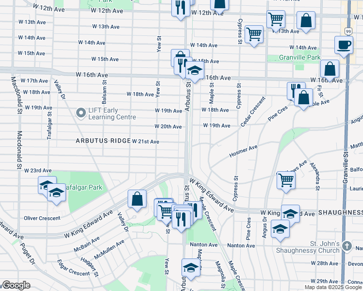 map of restaurants, bars, coffee shops, grocery stores, and more near 3707 Arbutus Street in Vancouver