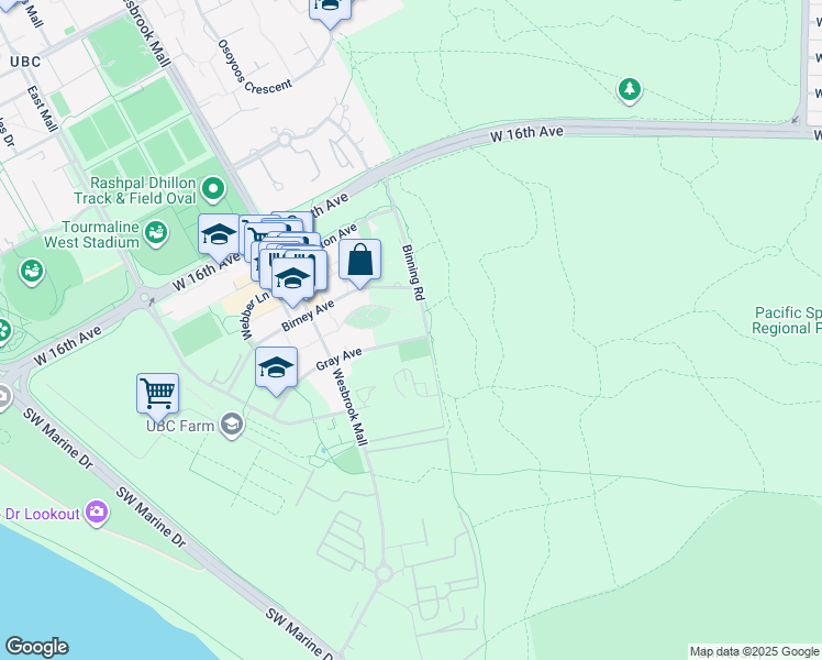 map of restaurants, bars, coffee shops, grocery stores, and more near 3487 Binning Road in University Endowment Lands