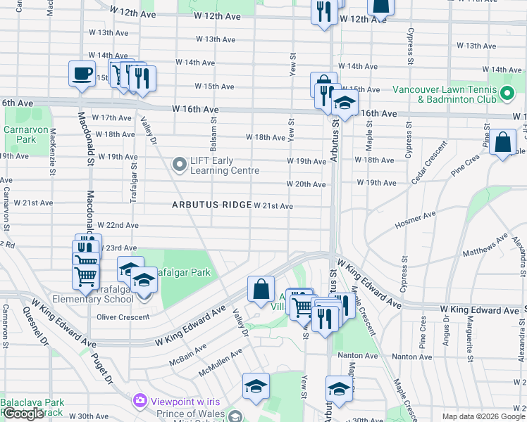 map of restaurants, bars, coffee shops, grocery stores, and more near 2266 West 21st Avenue in Vancouver
