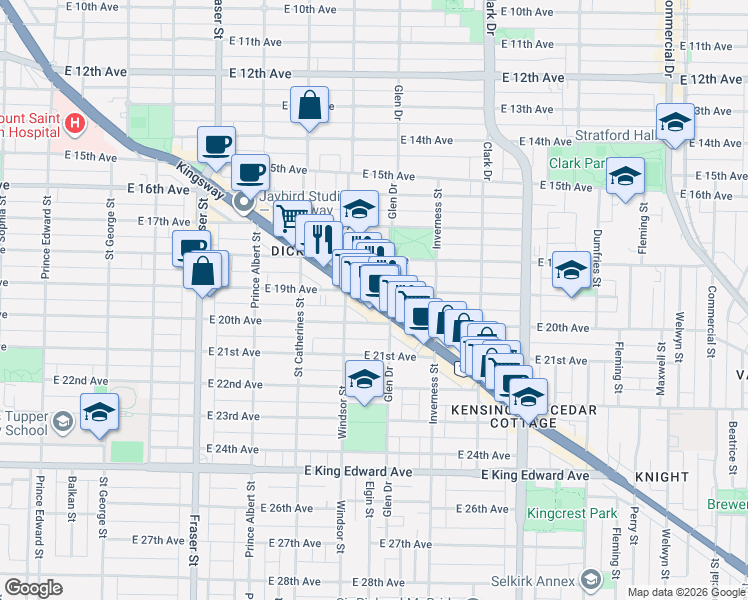 map of restaurants, bars, coffee shops, grocery stores, and more near in Vancouver