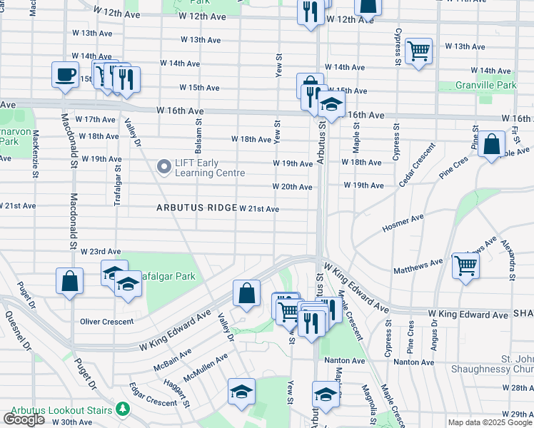map of restaurants, bars, coffee shops, grocery stores, and more near 2216 West 21st Avenue in Vancouver