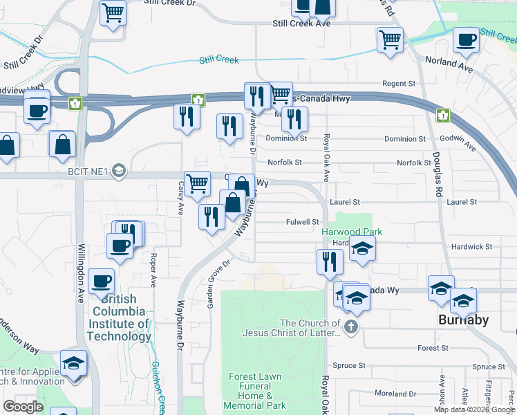 map of restaurants, bars, coffee shops, grocery stores, and more near 4910 Laurel Street in Burnaby