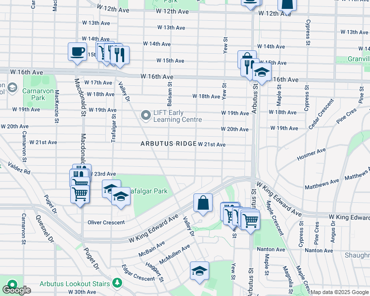 map of restaurants, bars, coffee shops, grocery stores, and more near 2338 West 21st Avenue in Vancouver
