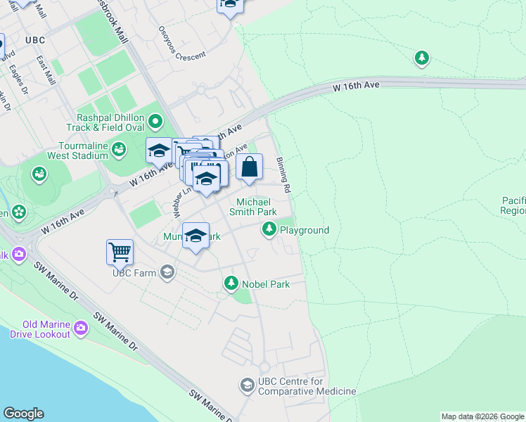 map of restaurants, bars, coffee shops, grocery stores, and more near 5687 Gray Avenue in University Endowment Lands