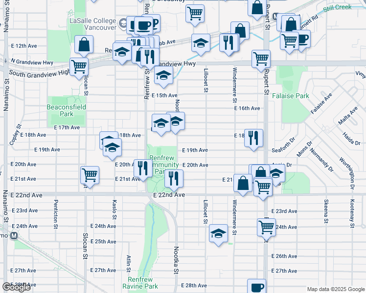 map of restaurants, bars, coffee shops, grocery stores, and more near 3015 East 19th Avenue in Vancouver