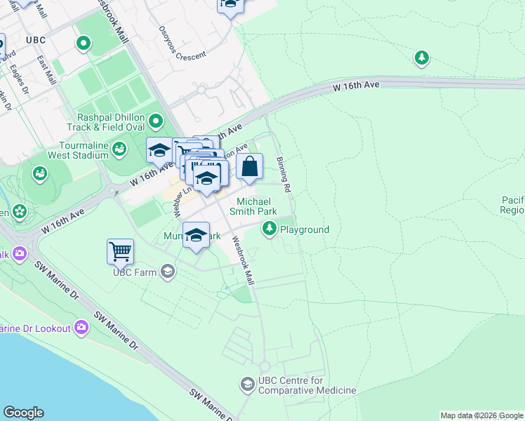 map of restaurants, bars, coffee shops, grocery stores, and more near 5687 Gray Avenue in University Endowment Lands