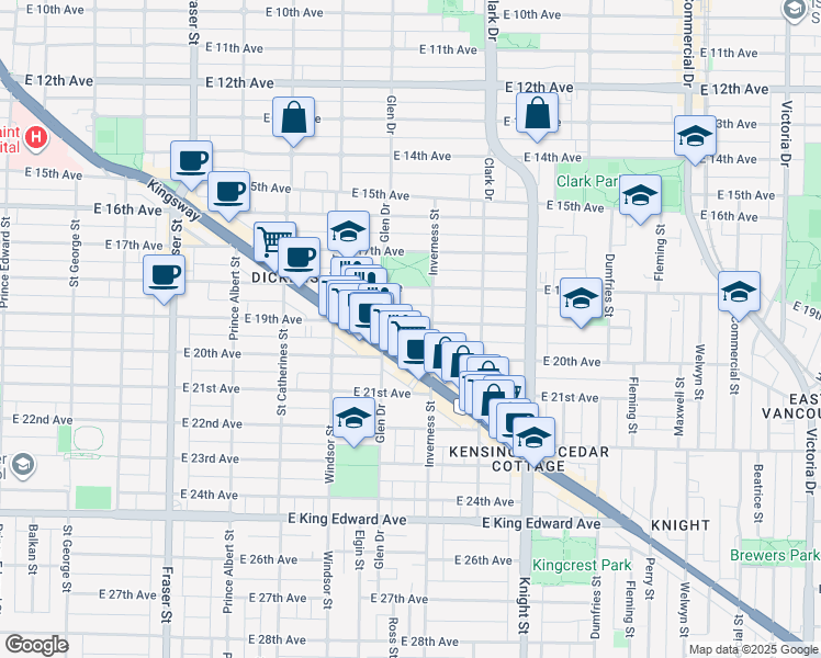 map of restaurants, bars, coffee shops, grocery stores, and more near 1140 East 19th Avenue in Vancouver