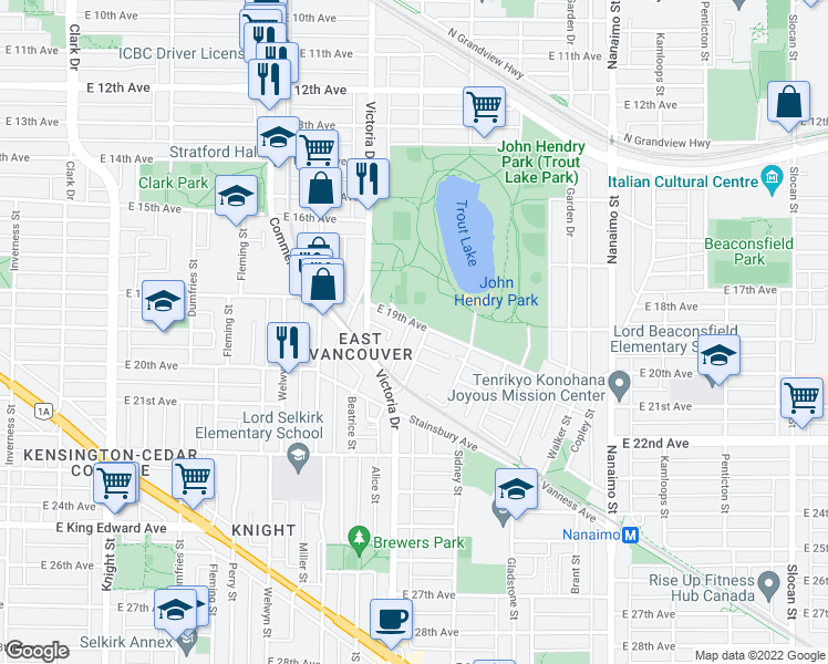 map of restaurants, bars, coffee shops, grocery stores, and more near 1968 East 19th Avenue in Vancouver