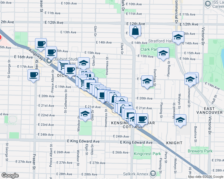 map of restaurants, bars, coffee shops, grocery stores, and more near in Vancouver