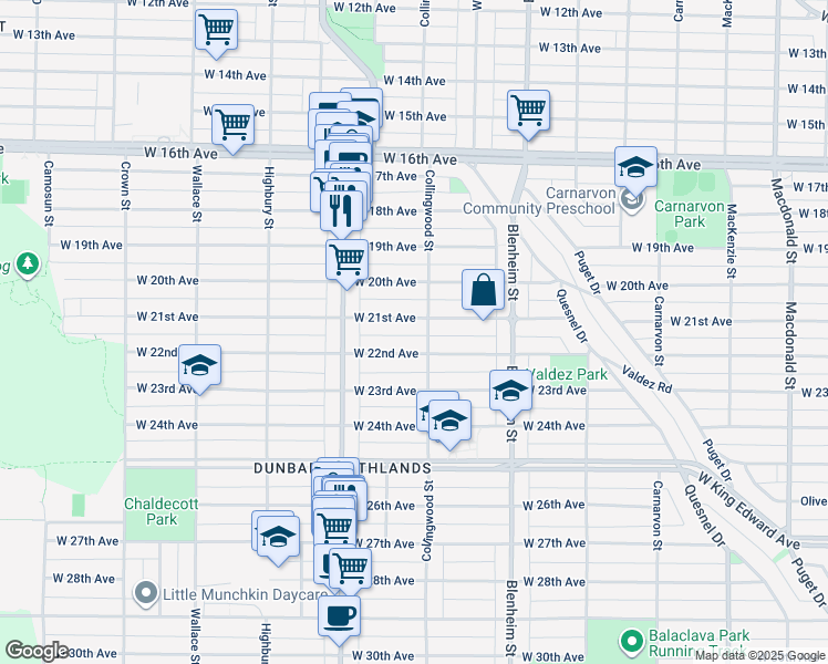 map of restaurants, bars, coffee shops, grocery stores, and more near in Vancouver