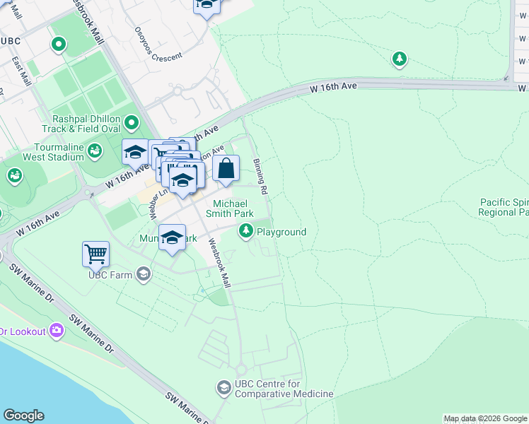 map of restaurants, bars, coffee shops, grocery stores, and more near in University Endowment Lands