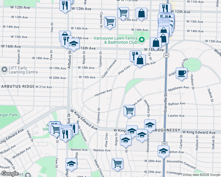 map of restaurants, bars, coffee shops, grocery stores, and more near 3637 Pine Crescent in Vancouver