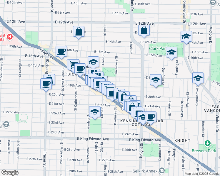 map of restaurants, bars, coffee shops, grocery stores, and more near 1140 East 19th Avenue in Vancouver