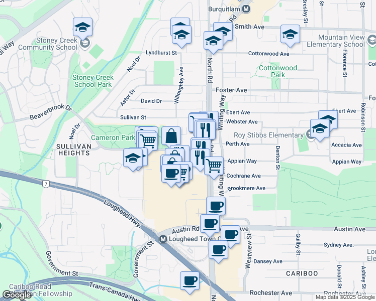 map of restaurants, bars, coffee shops, grocery stores, and more near 9888 Cameron Street in Burnaby