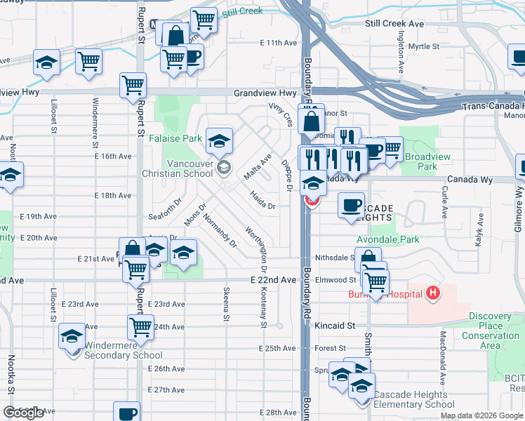 map of restaurants, bars, coffee shops, grocery stores, and more near 3608 Haida Drive in Vancouver